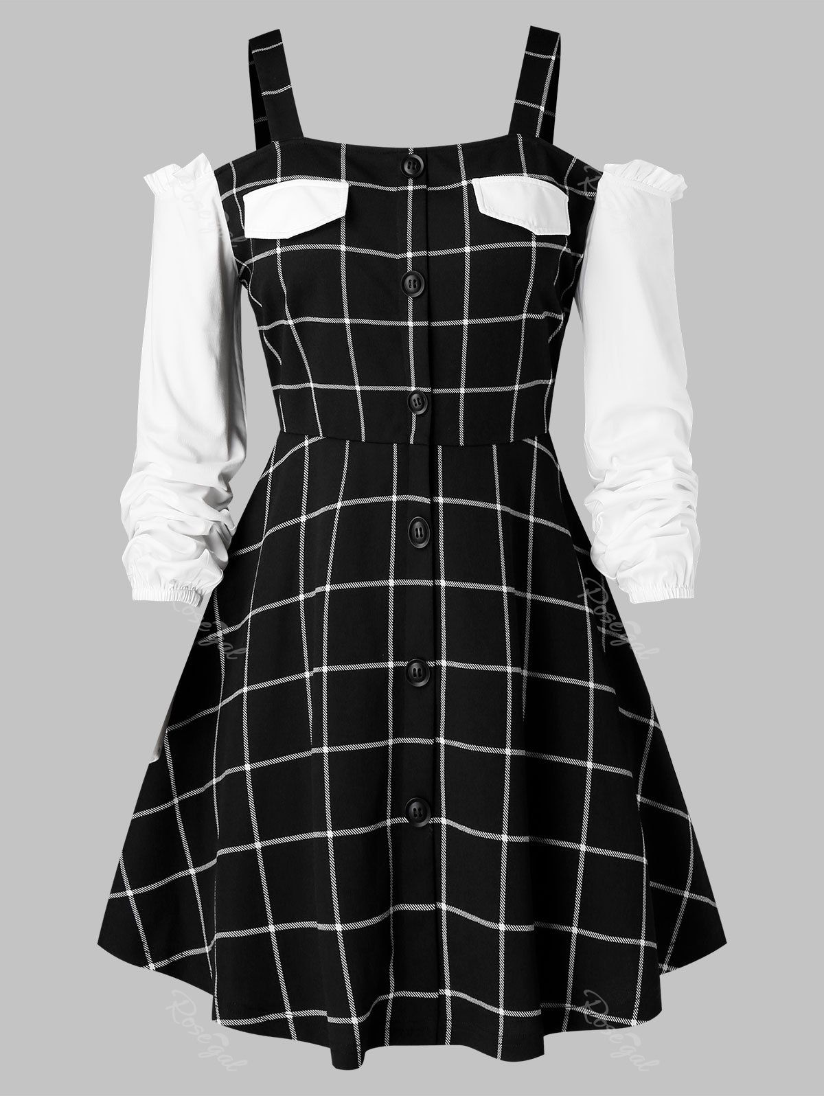 

Plus Size Plaid Cold Shoulder Frilled A Line Top, Black