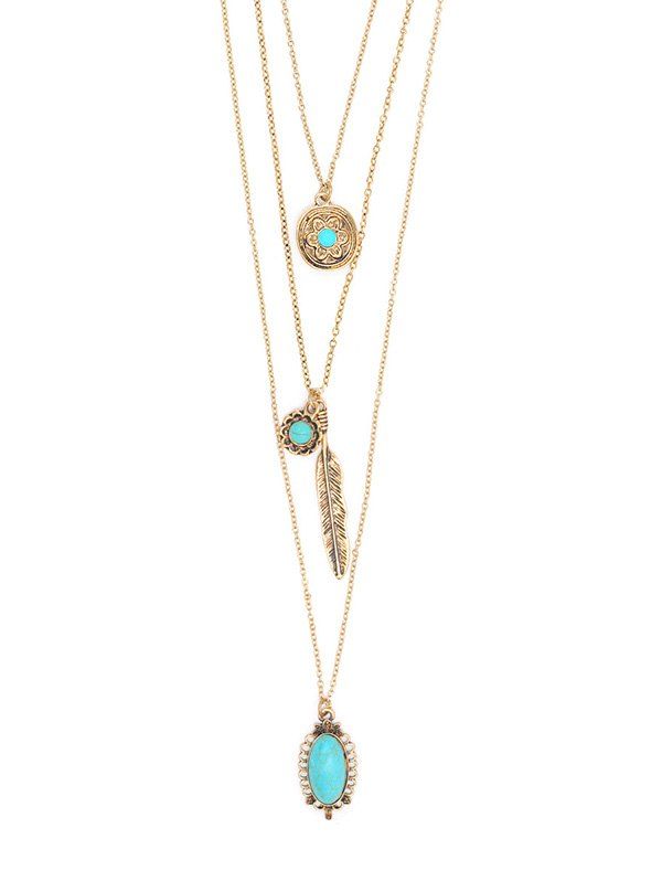 

Bohemian Feather Floral Turquoise Multilayered Necklace, Gold
