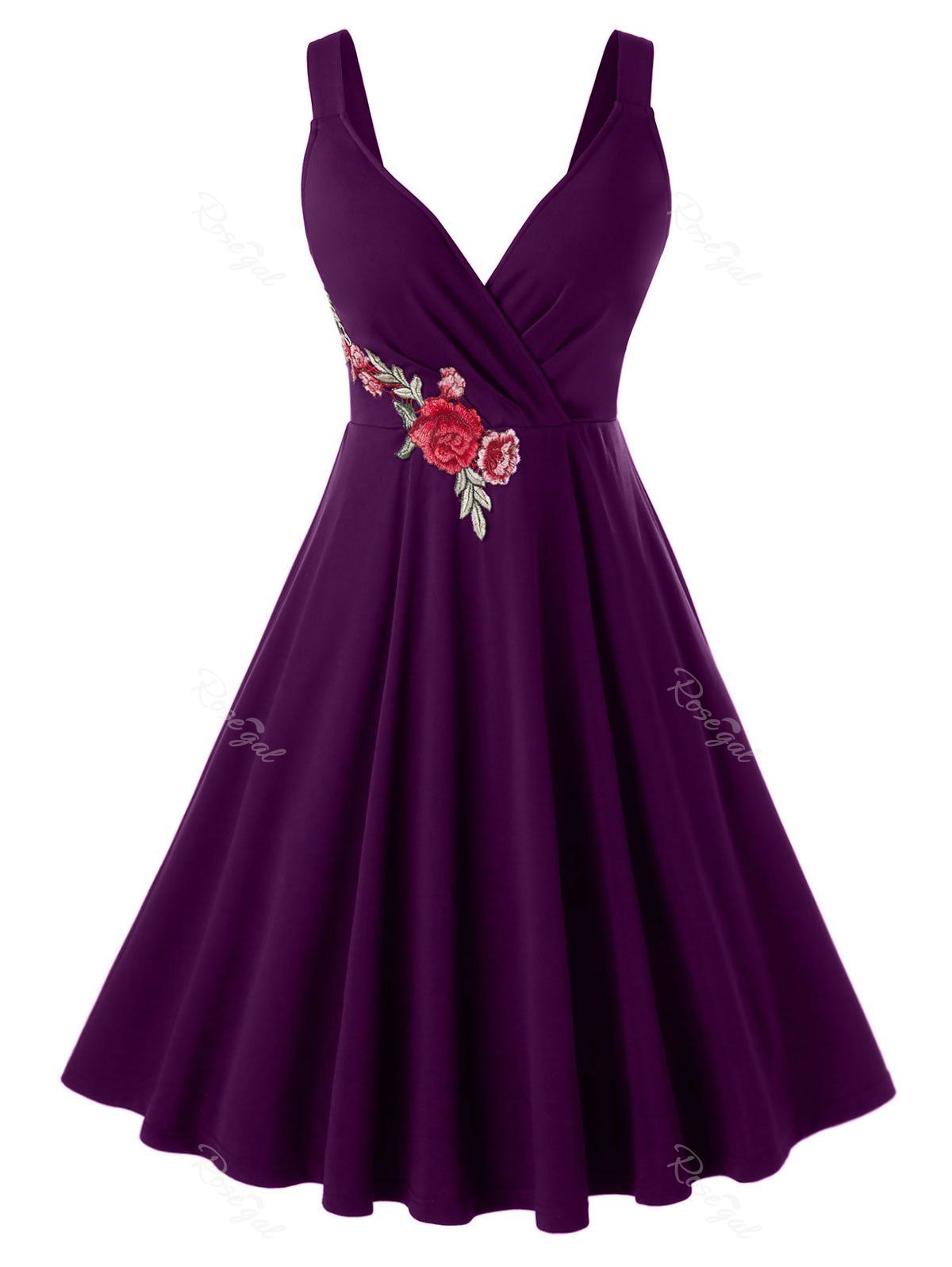 

Plus Size Flower Applique A Line Retro Plunge Dress, Purple iris