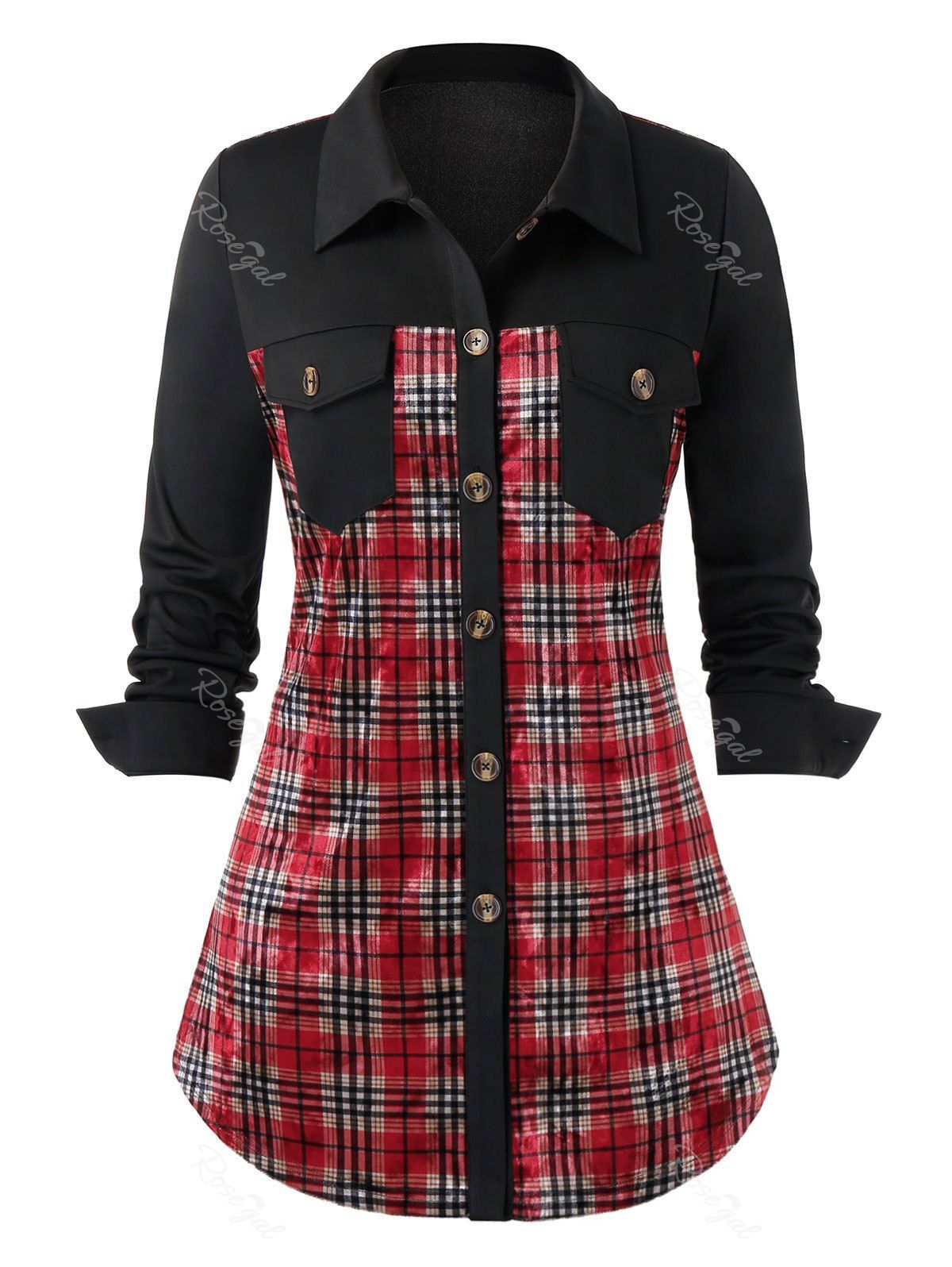 

Plus Size Plaid Velvet Flap Pocket Curved Tunic Shirt, Black