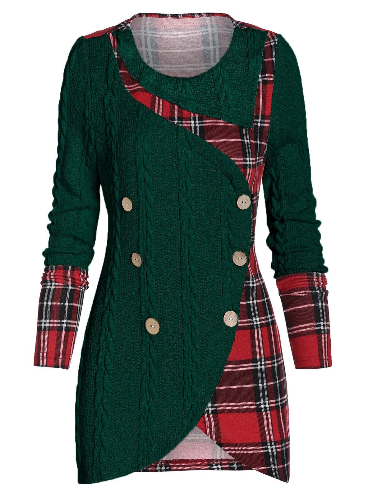 

Tartan Panel Mock Button Asymmetric Sweater, Dark green