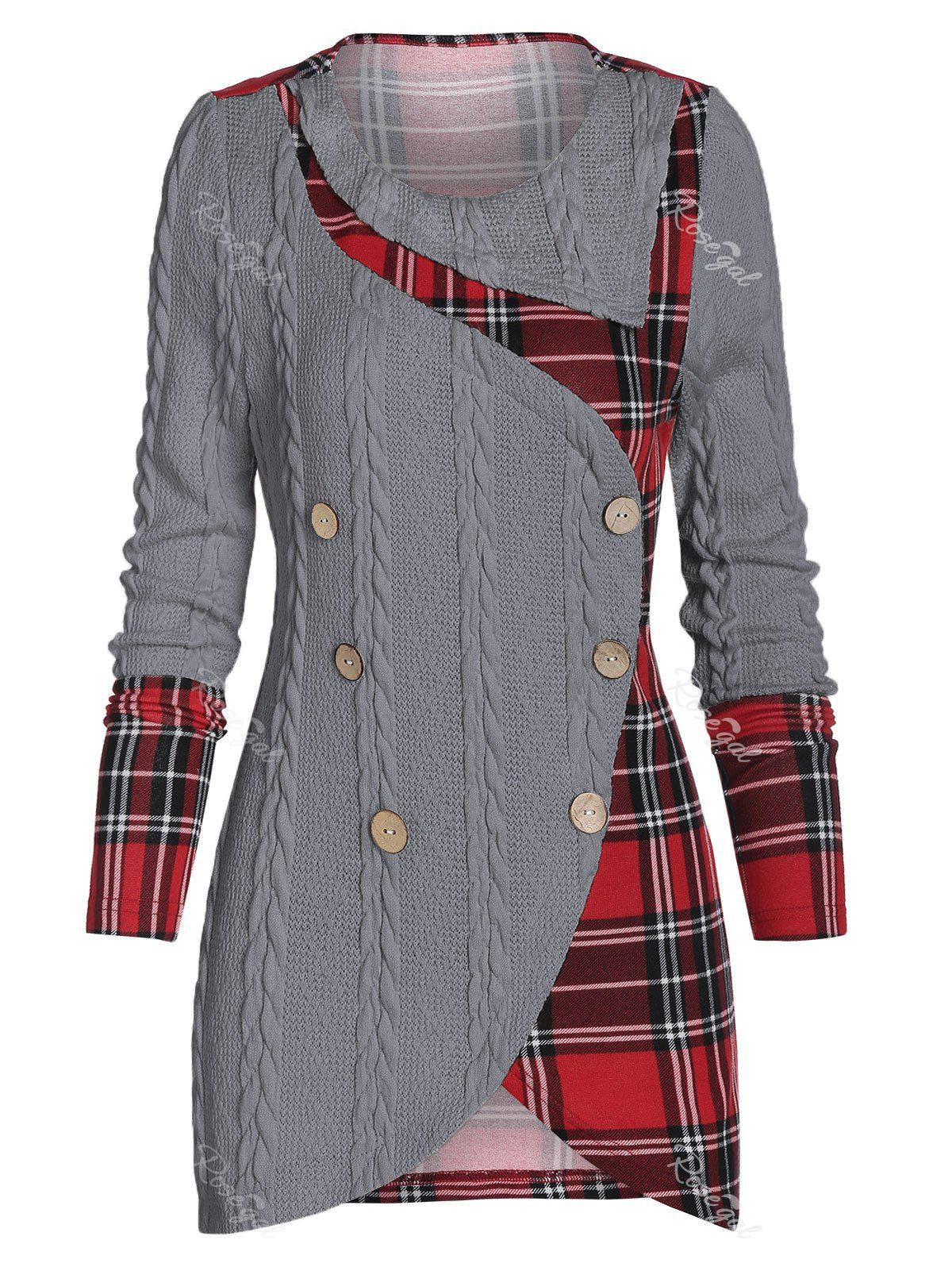 

Tartan Panel Mock Button Asymmetric Sweater, Dark gray