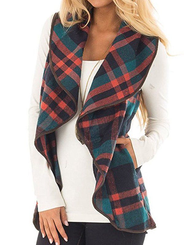 

Waterfall Collar Plaid Pocket Waistcoat, Deep green