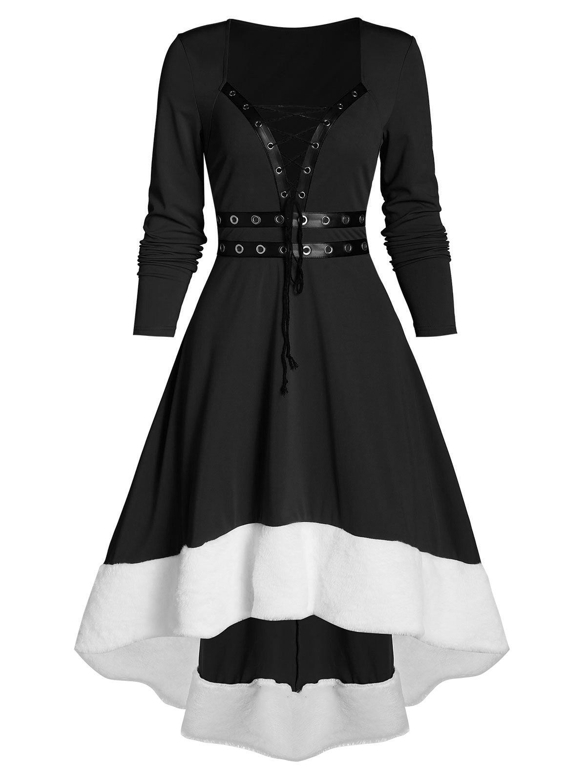 

Faux Fur Trim Lace Up High Low Dress, Night
