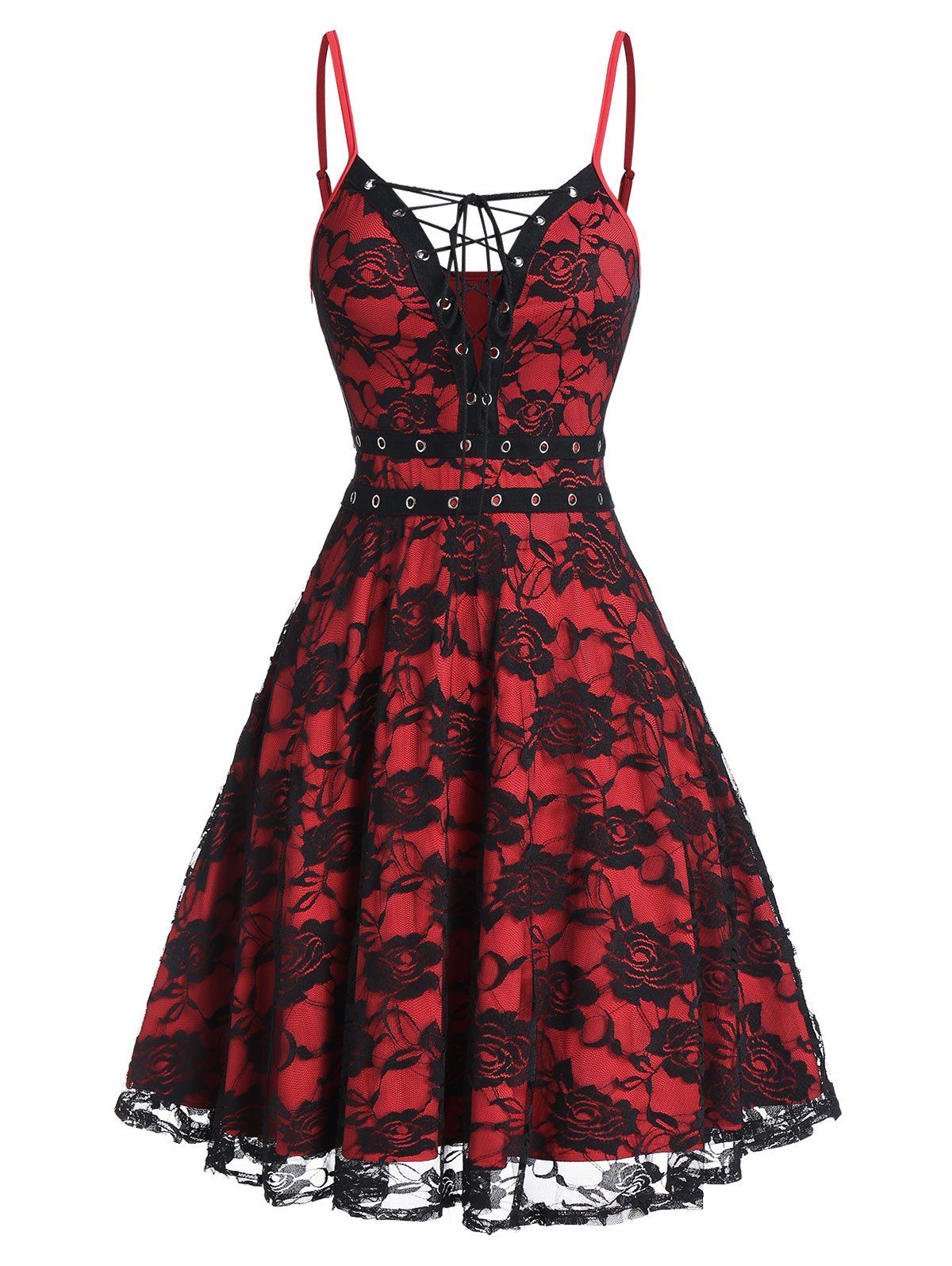 

Lace Up Grommet Cami Lace Dress, Red