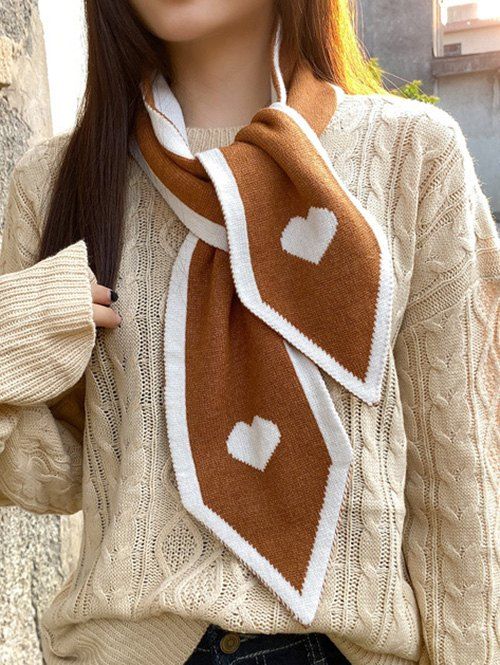 

Winter Heart Pattern Knitted Narrow Scarf, Brown