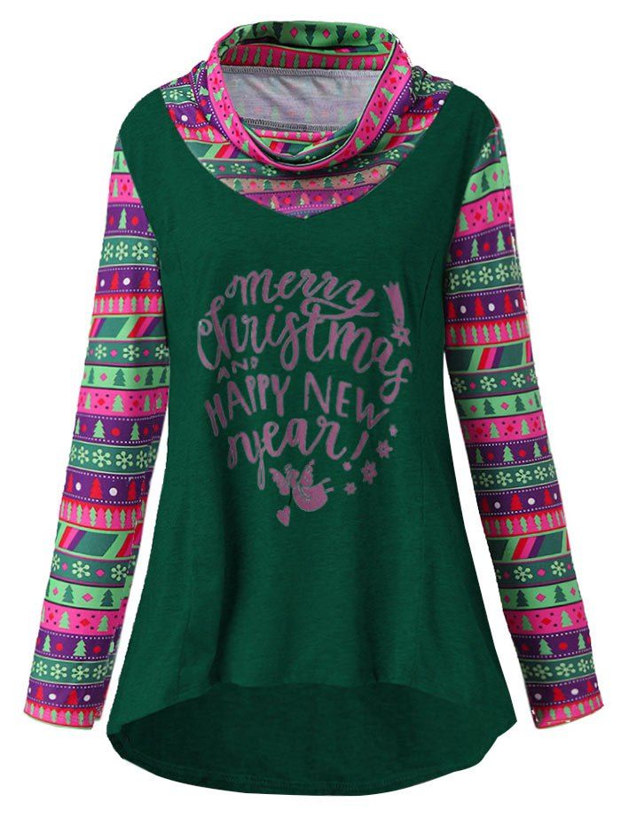 

Cowl Neck Snowflake Christmas Tree High Low Top, Deep green