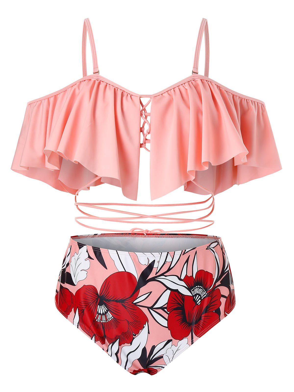 Maillot de Bain Fleuri à Bretelle de Grande Taille Deux Pièces Rose clair 5X