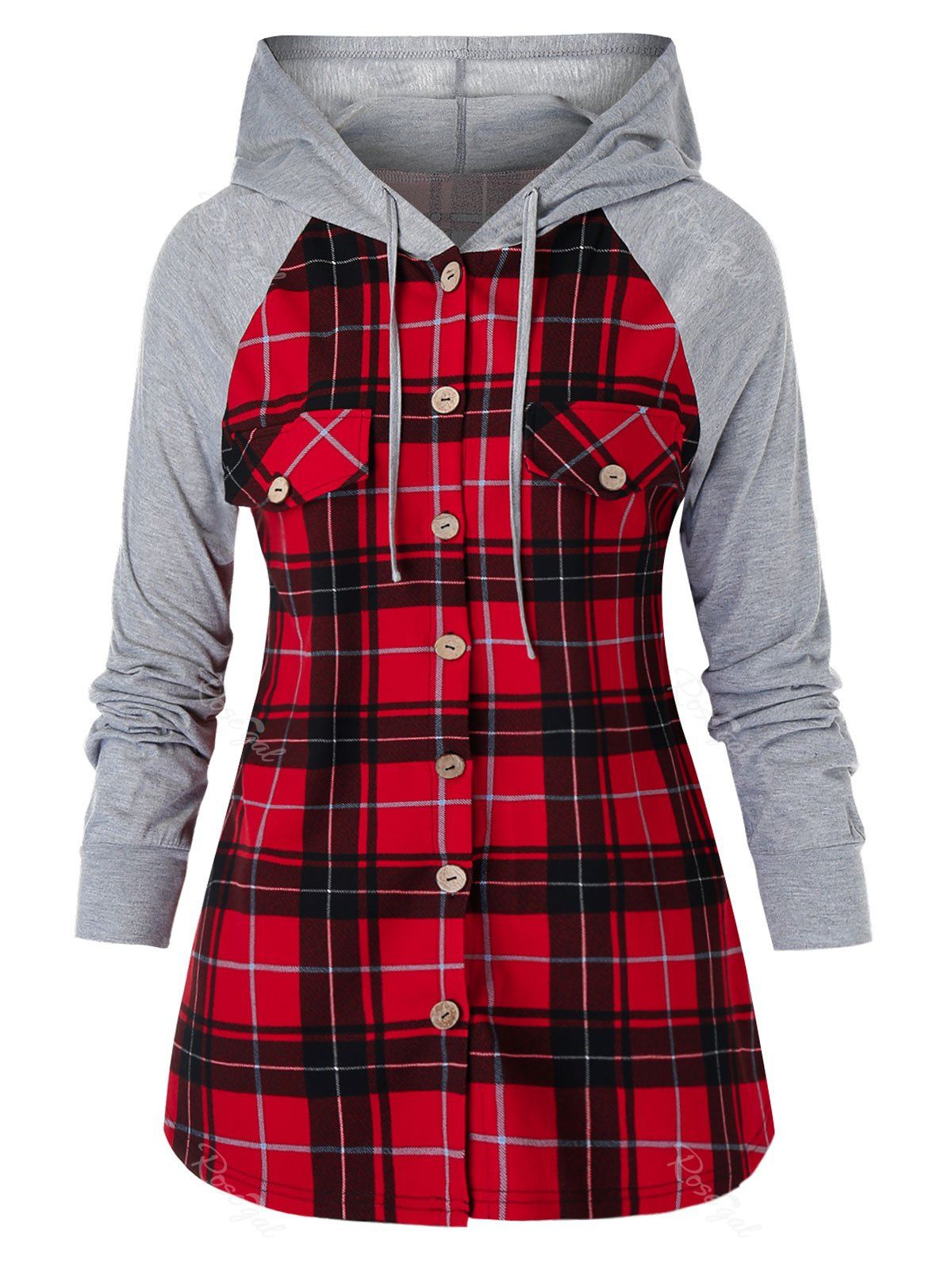 

Plus Size Plaid Raglan Sleeve Buttoned Baseball Hoodie, Multi