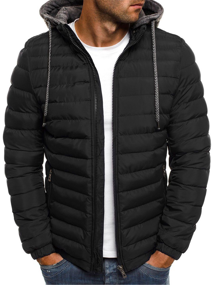 

Solid Color Zip Up Hooded Quilted Jacket, Black