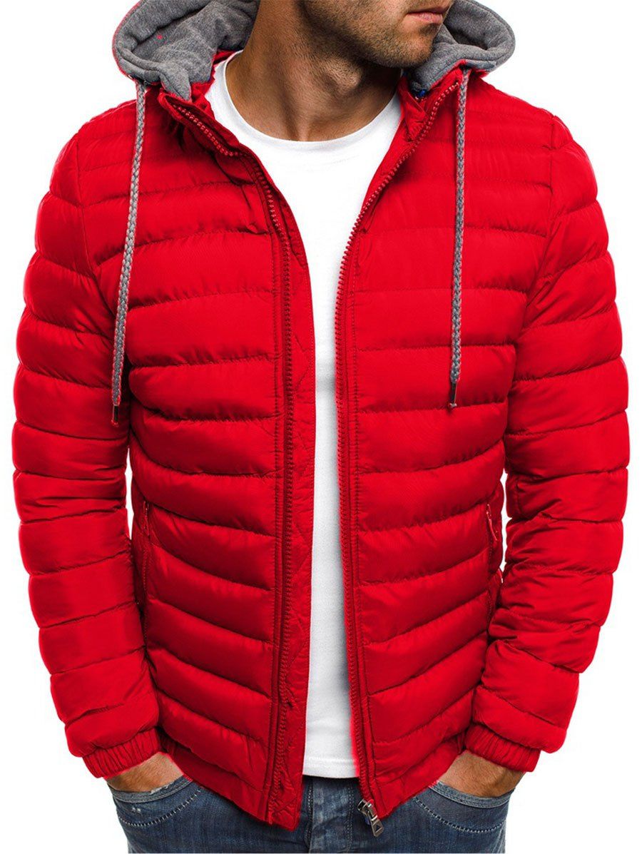 

Solid Color Zip Up Hooded Quilted Jacket, Red