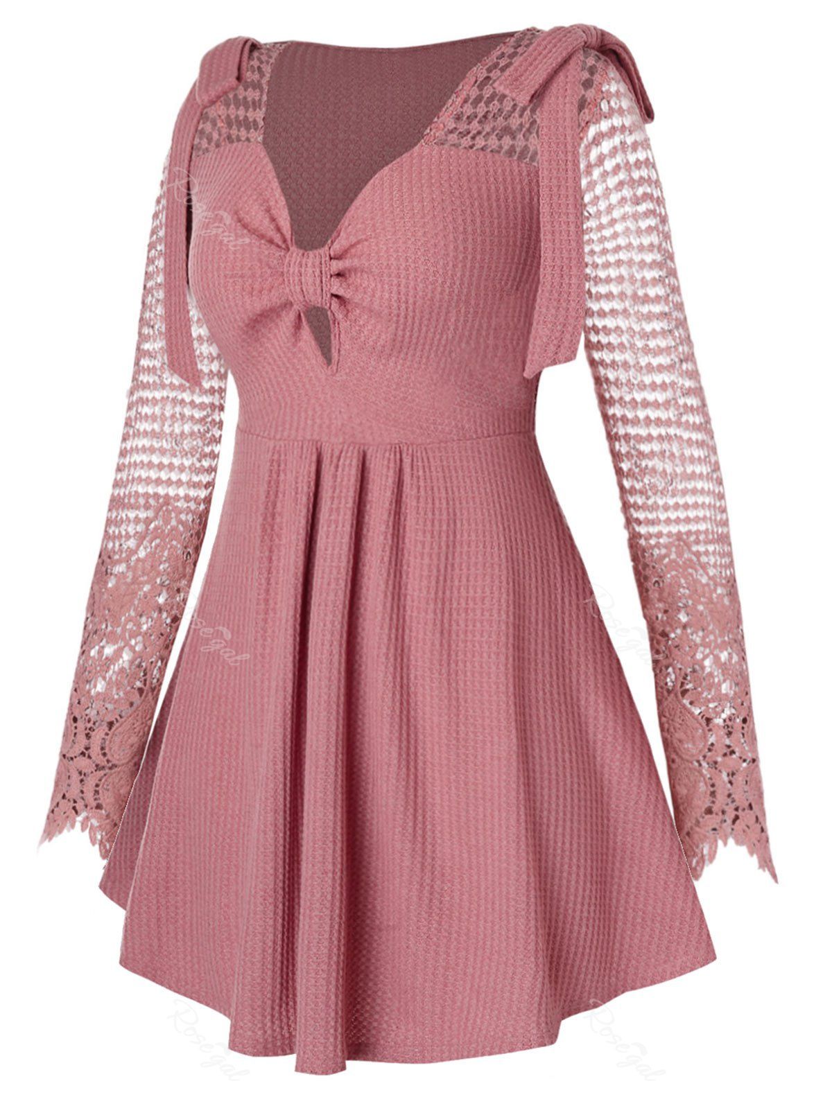 

Plus Size Crochet Sleeve Tie A Line Tunic Knit Tee, Khaki rose