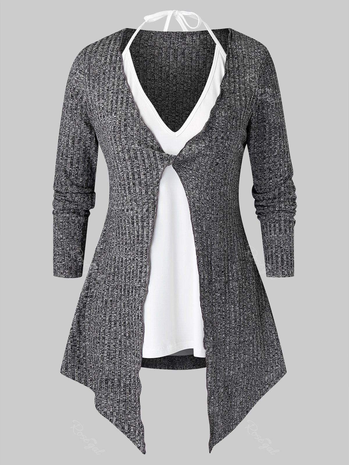 

Plus Size Front Twist Split Heathered Knitwear With Tank Top Set, Dark gray