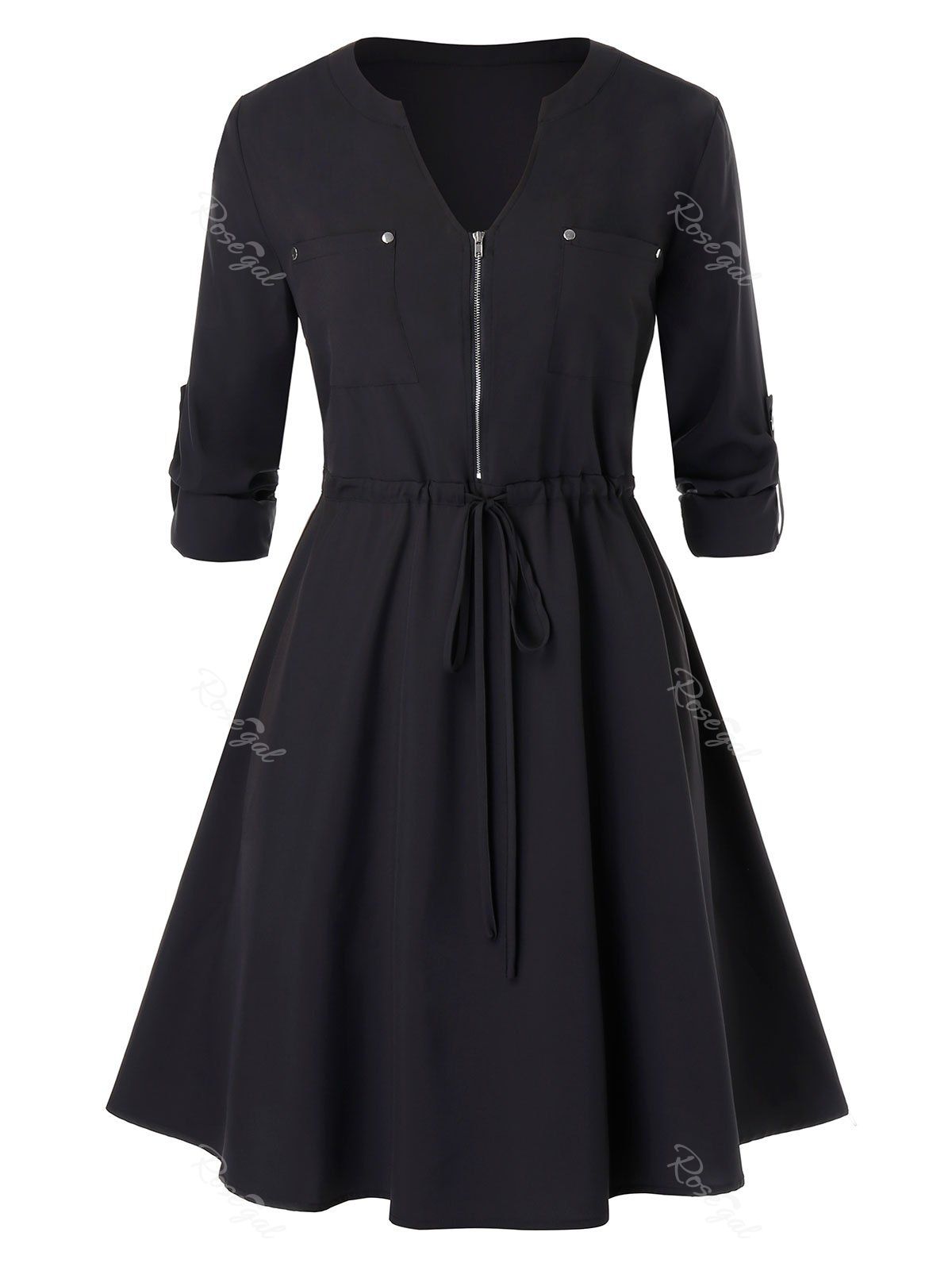 

Plus Size Pockets Zipper Dress, Black