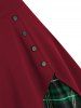 Robe Superposée à Carreaux Embelli de Bouton avec Nœud Papillon - Rouge Vineux 3XL
