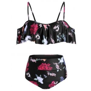 

Floral Birds Print Open Shoulder Tankini Swimsuit, Black