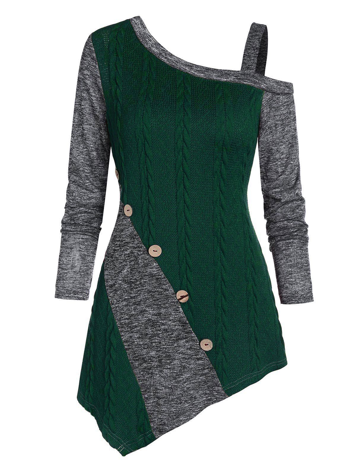 

Cable Knit Asymmetric Mock Button Heathered Contrast Sweater, Deep green
