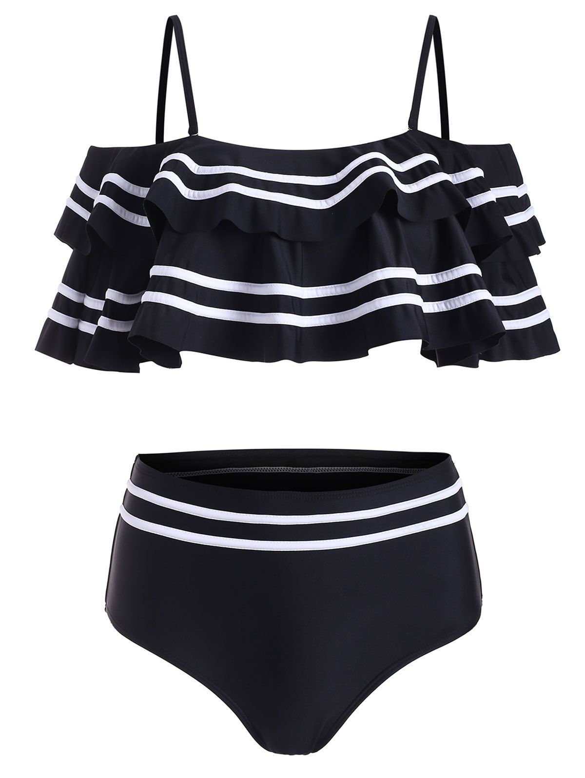 

Tier Flounce Striped Panel High Rise Bikini Swimsuit, Black