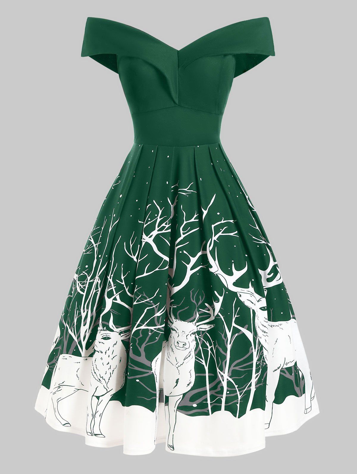 

Folded Off Shoulder Christmas Santa Claus Musical Note Dress, Greenish blue