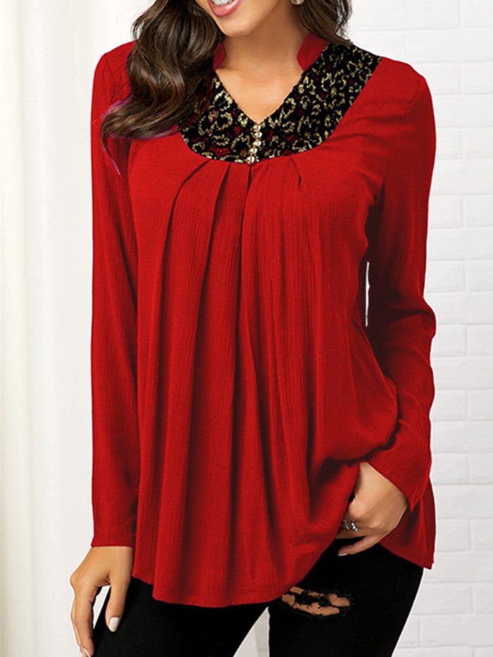

Button Embellished Lace Insert V Neck Blouse, Red
