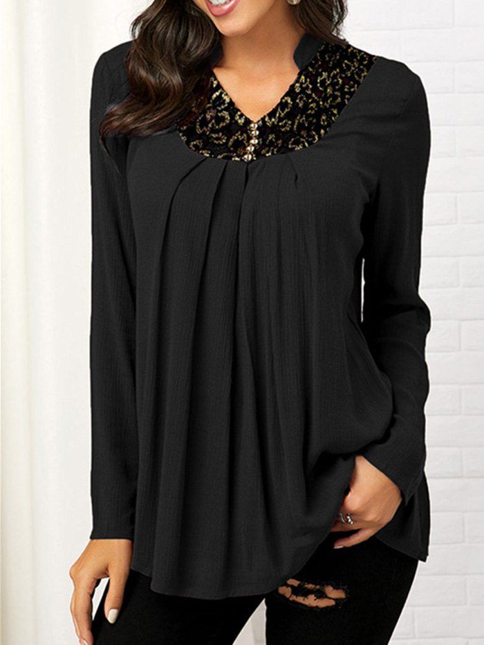 

Button Embellished Lace Insert V Neck Blouse, Black