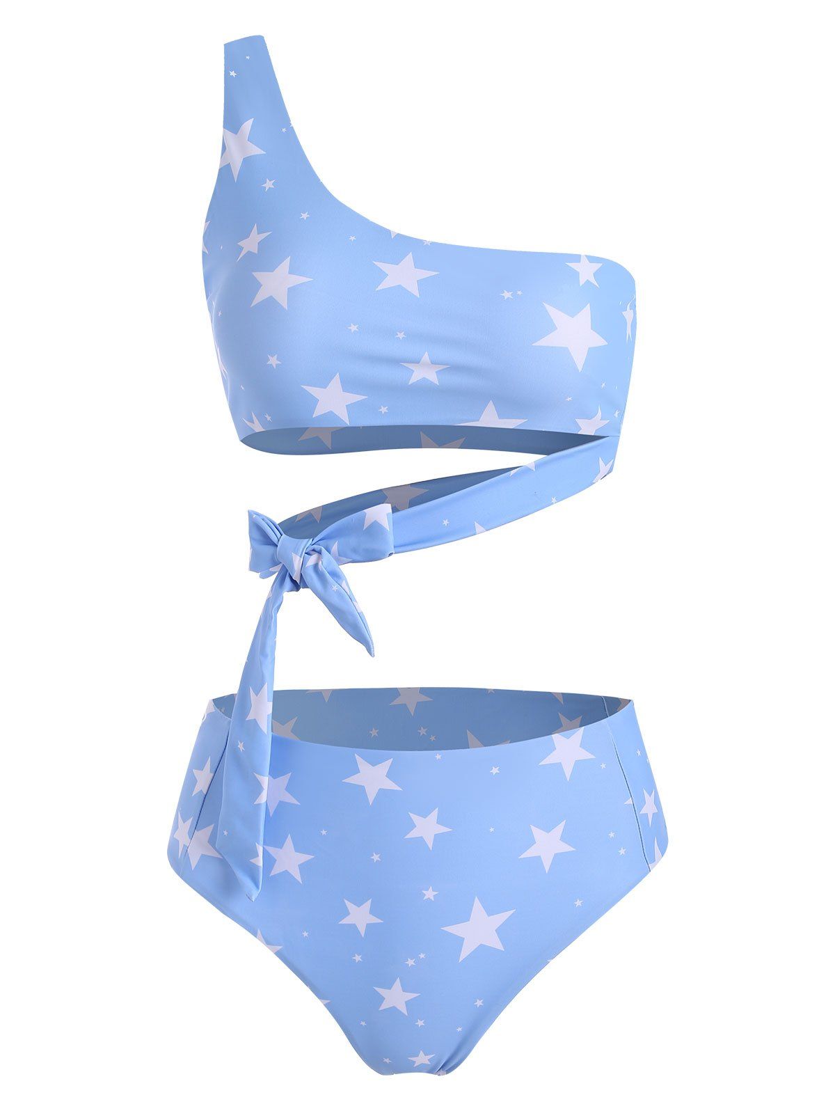 

One Shoulder Star Print High Leg Bikini Swimsuit, Light sky blue