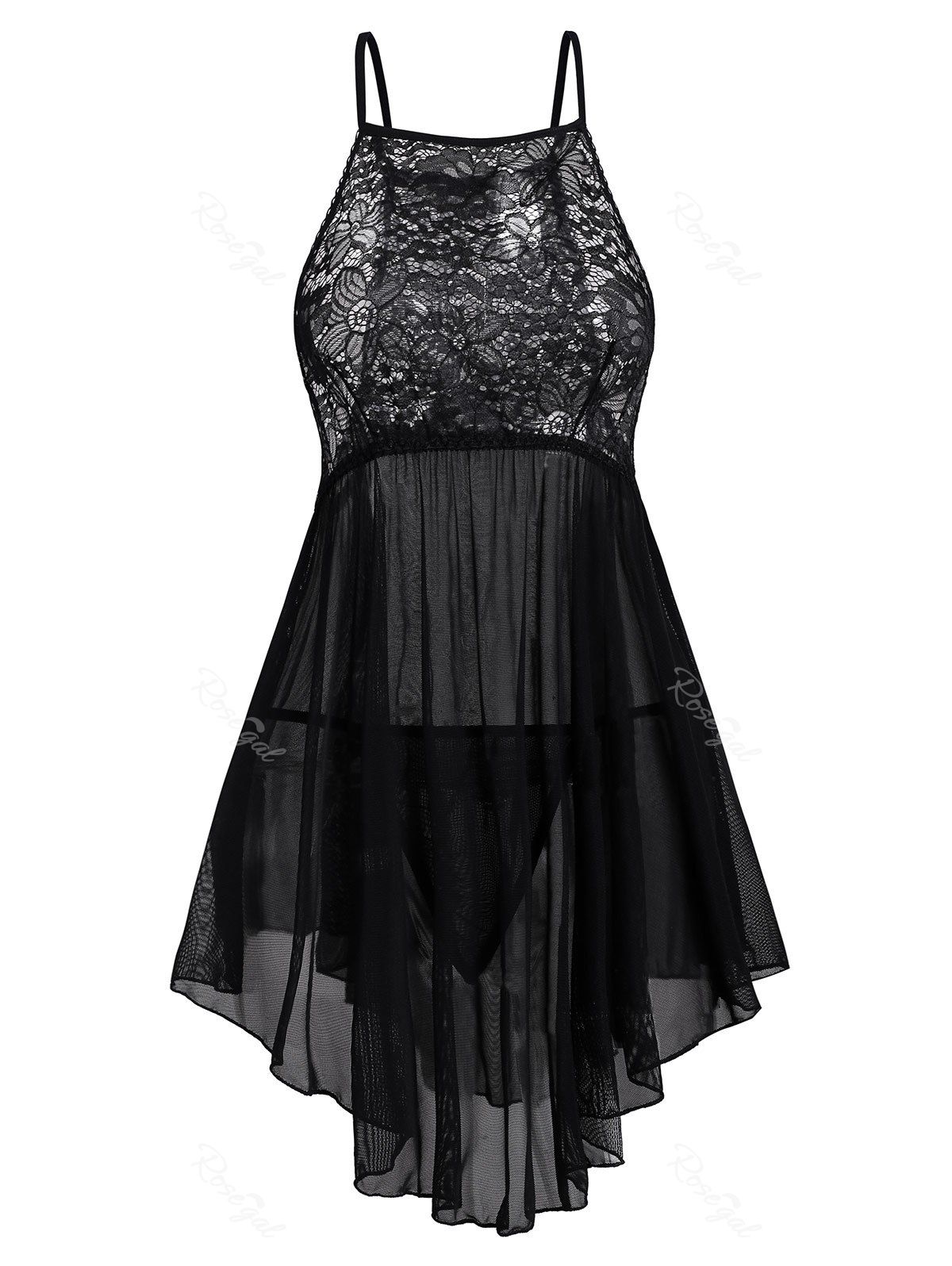 

Plus Size Lace and Mesh Curved Hem Babydoll Set, Black