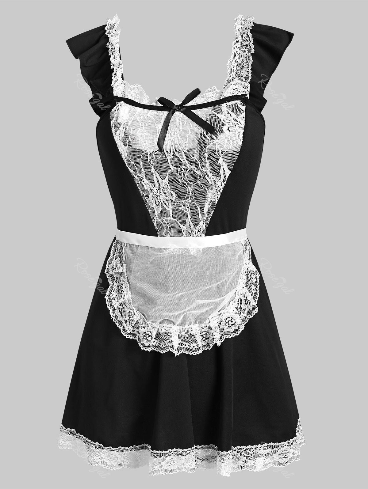 

Plus Size Lace Panel Ruffle French Maid Costume, Black
