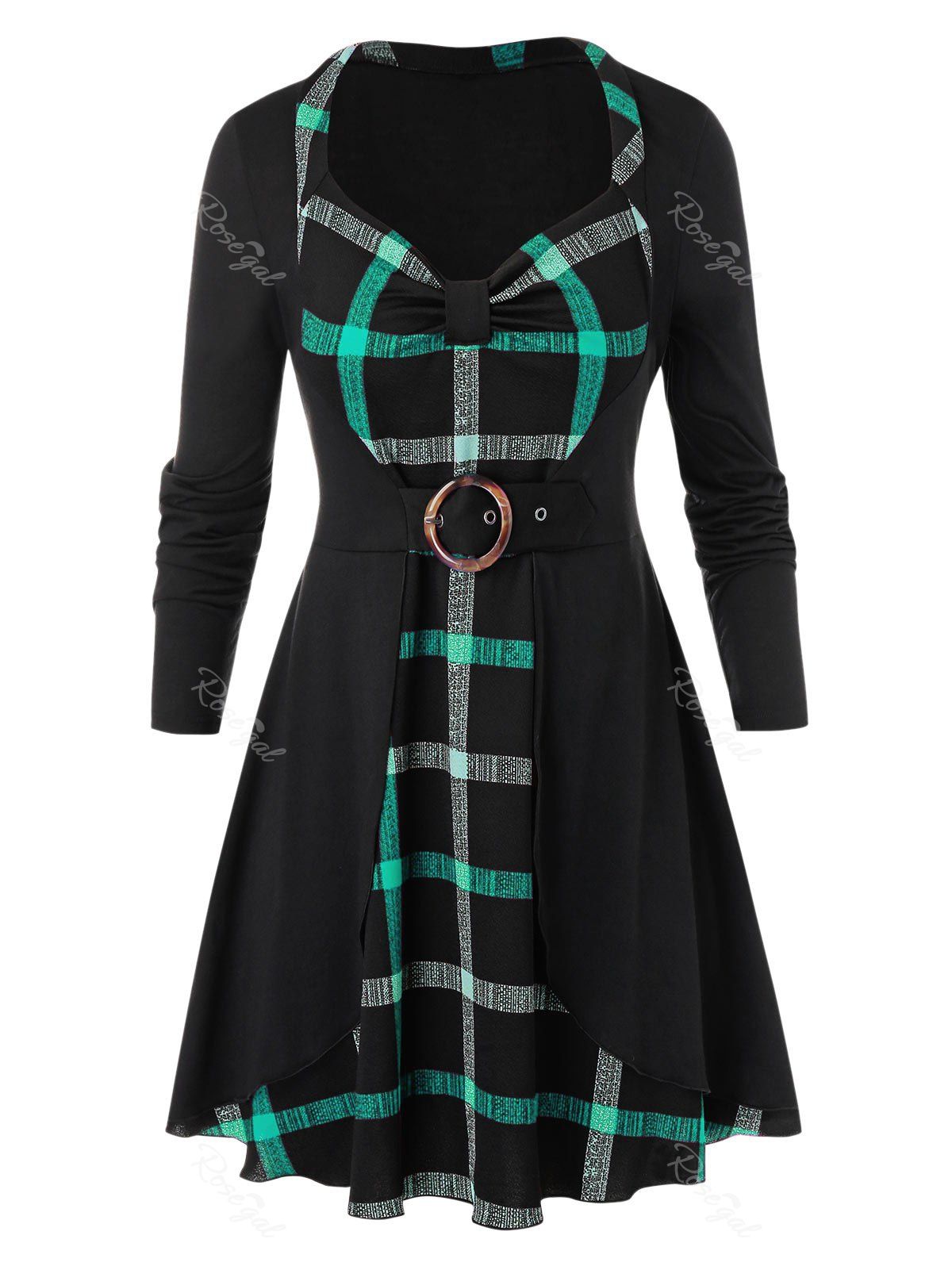 

Plus Size Plaid Front Knot Tunic T Shirt, Dark turquoise