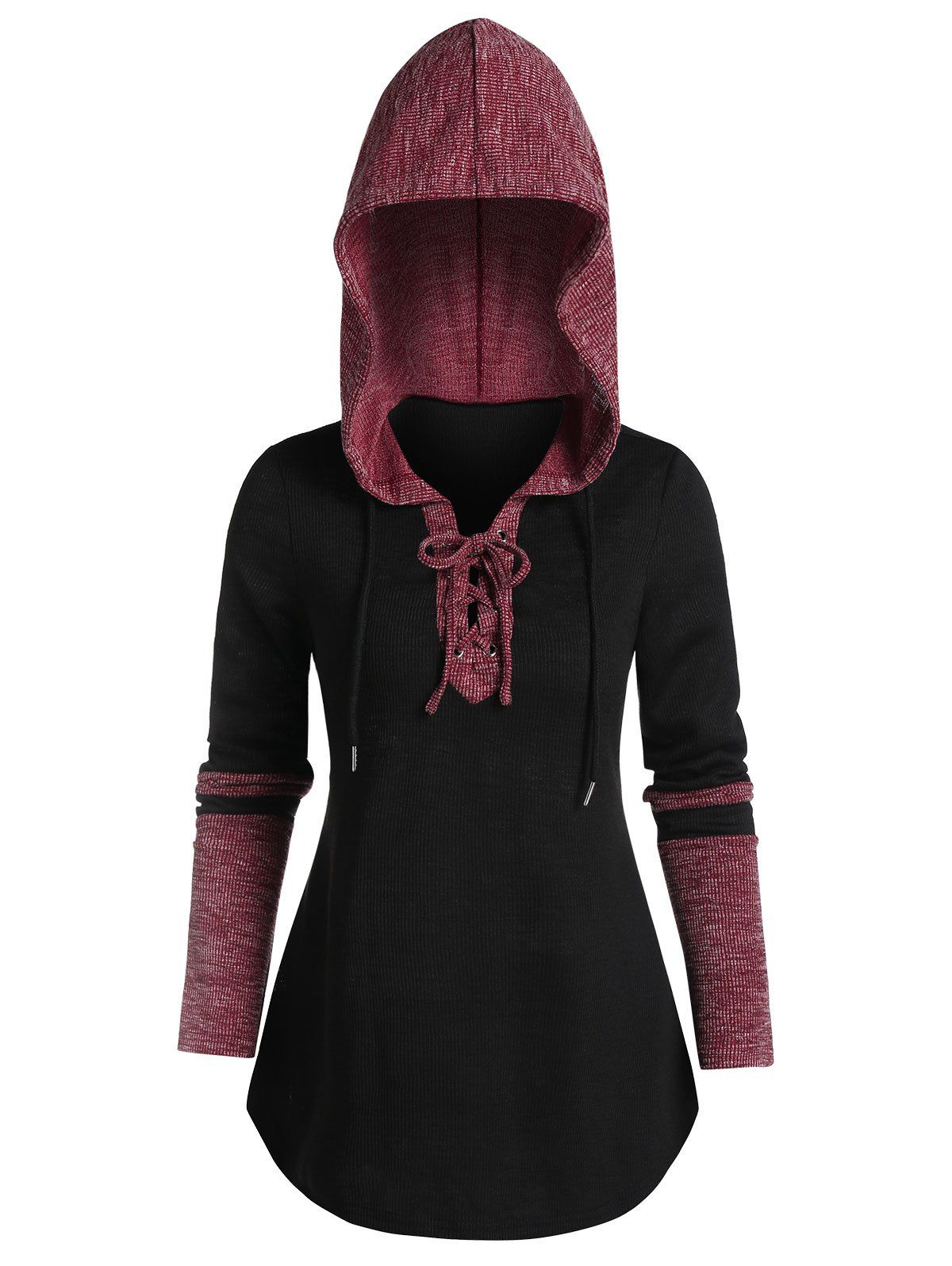 

Ribbed Contrast Lace-up Curved Hem Hoodie, Black