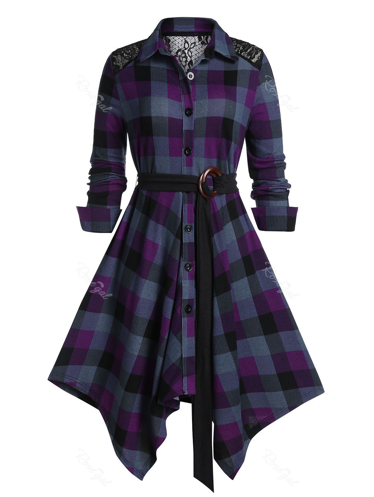 

Plus Size Plaid Lace Panel Handkerchief Dress, Dark orchid