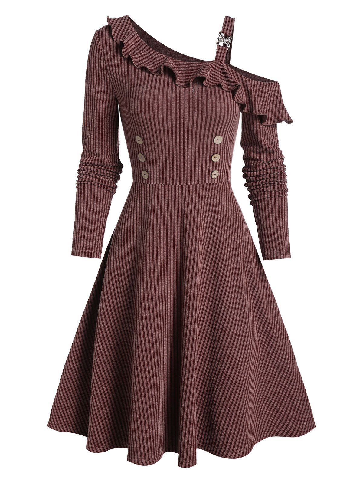 

Ruffle Cut Out Shoulder Striped Dress, Sepia