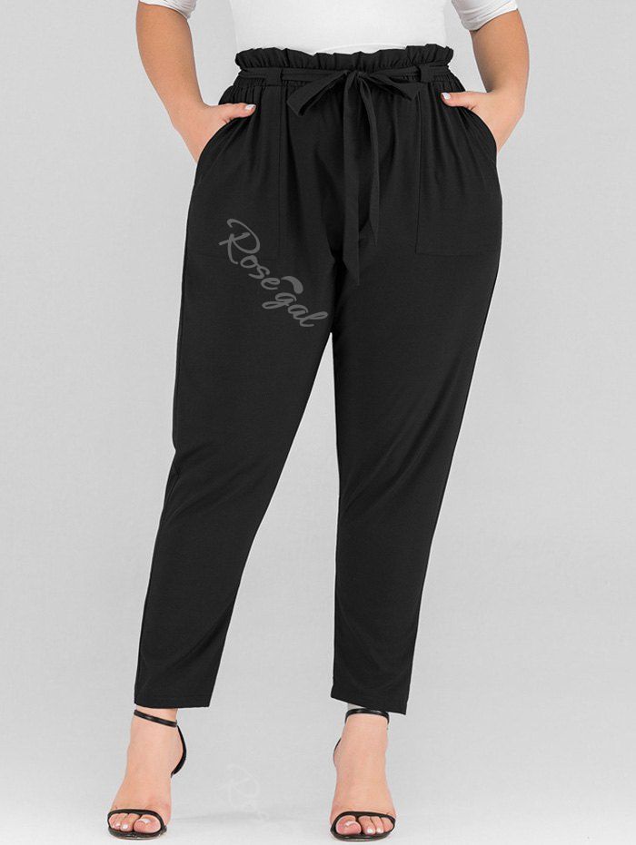 

Plus Size Pockets Paperbag Pants, Black