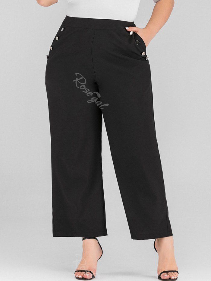 

Plus Size Buttoned Wide Leg Pants, Black
