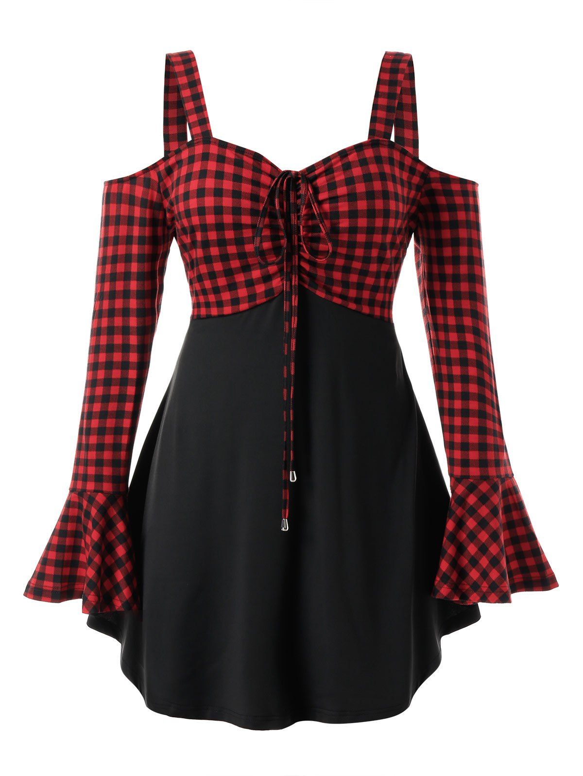 

Plus Size Plaid Cold Shoulder Flare Sleeve Tie Tee, Deep red