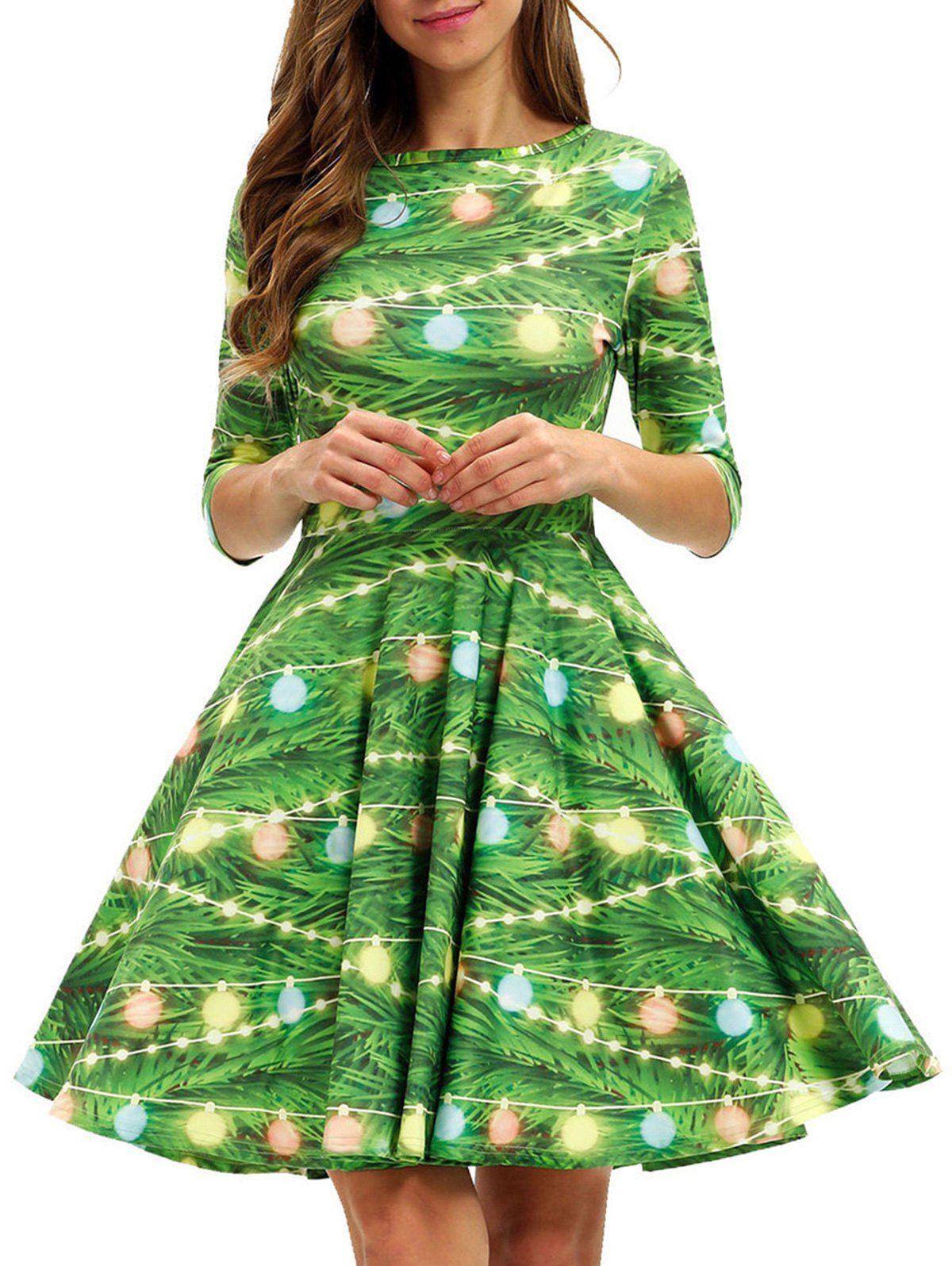 

Christmas Tree Round Neck A Line Dress, Green snake