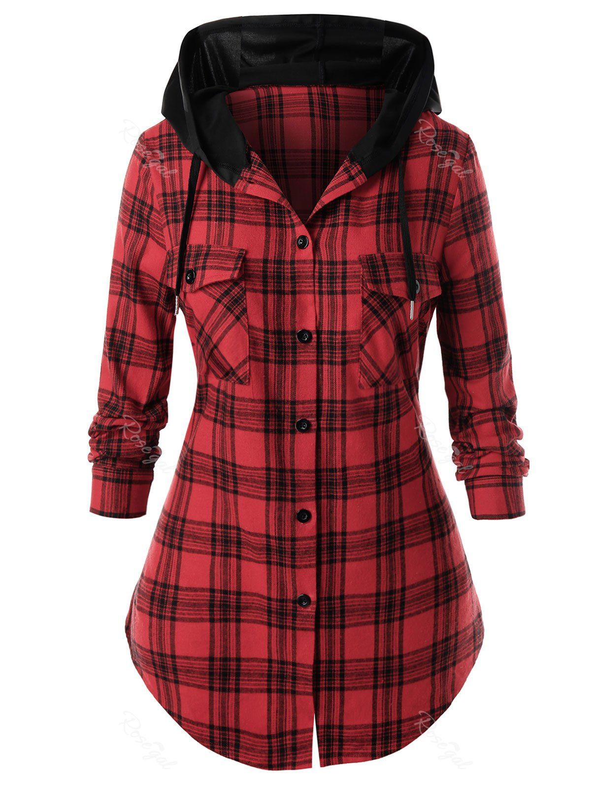 

Plus Size Plaid Hooded Curved Pocket Tunic Shirt, Lava red