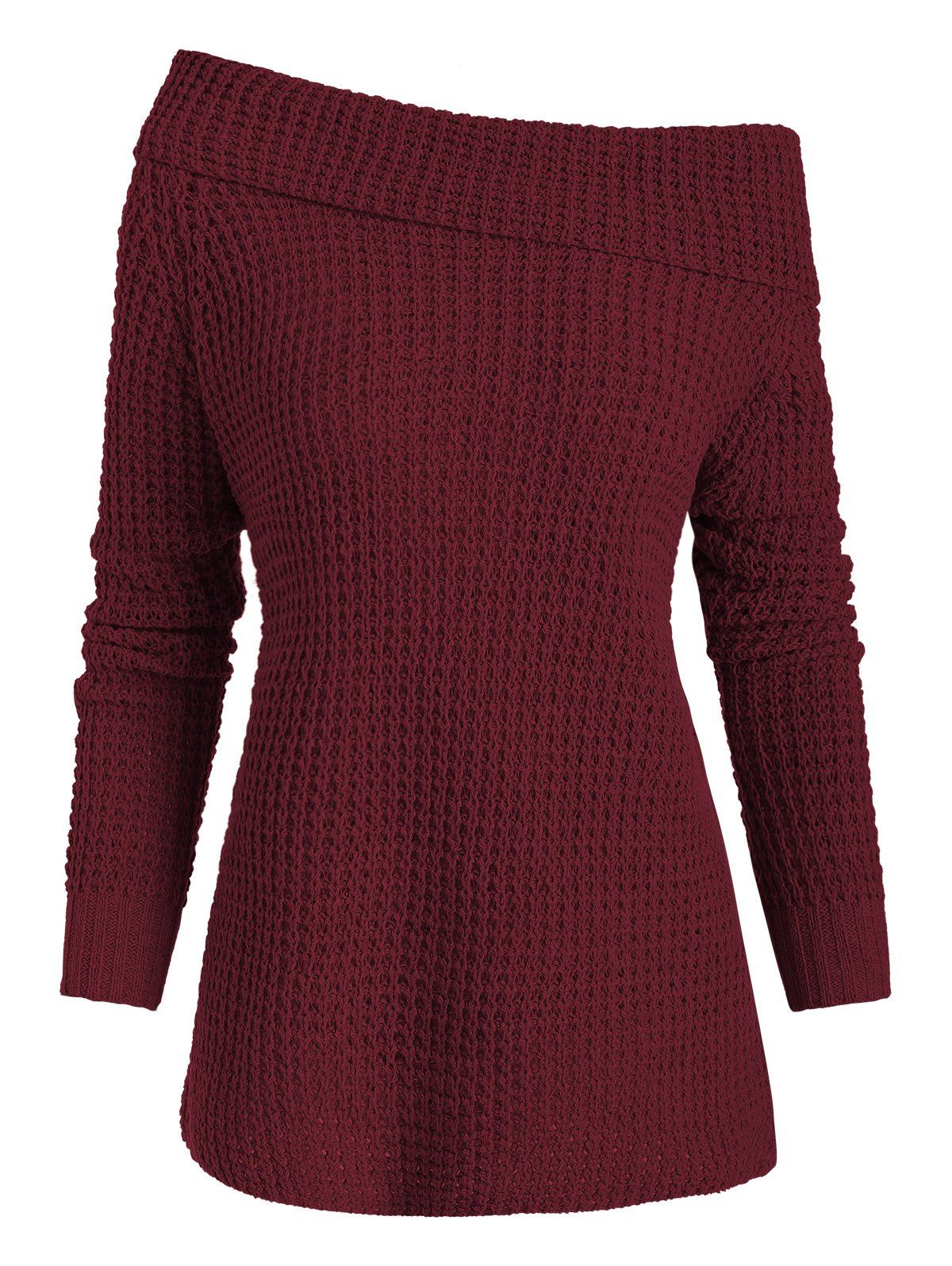 

Open Knit Skew Neck Raglan Sleeve Sweater, Red wine