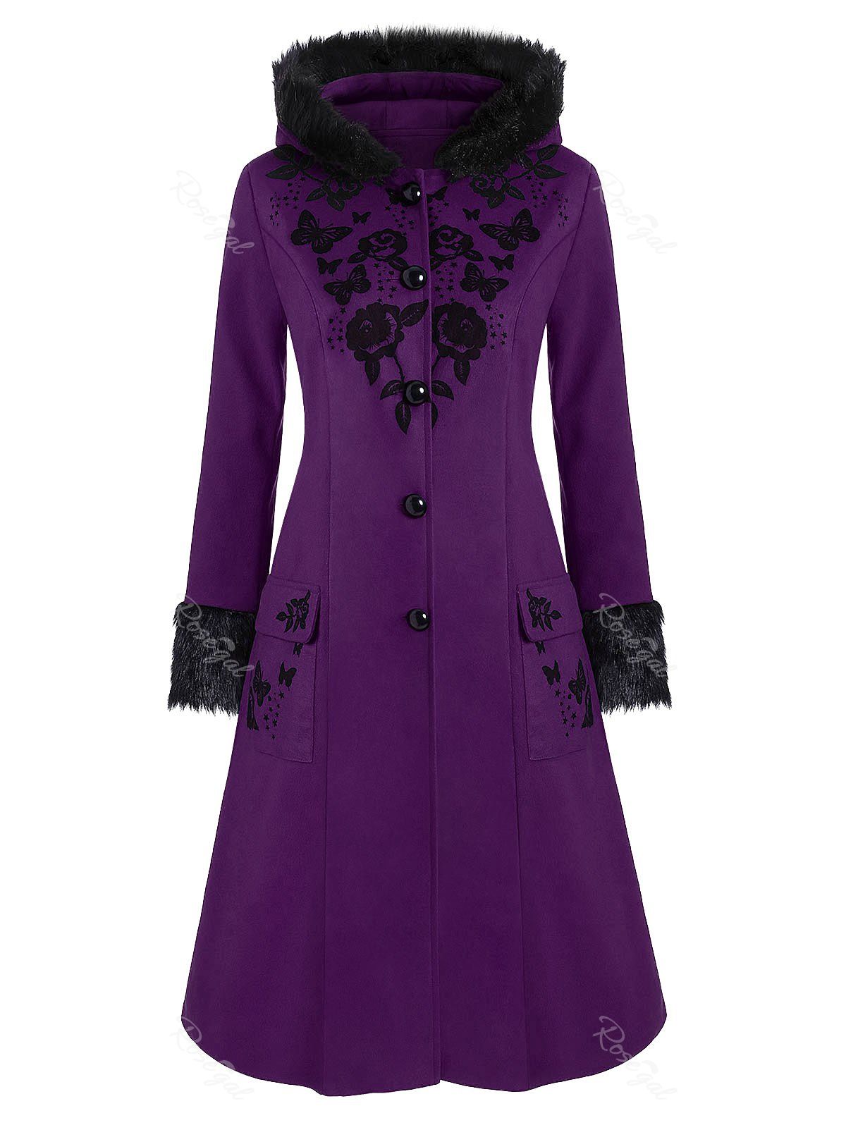 

Plus Size Hooded Faux Fur Floral Butterfly Print Long Coat, Purple