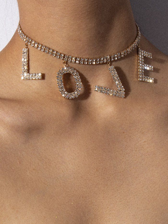

Love Graphic Rhinestone Choker Necklace, Gold