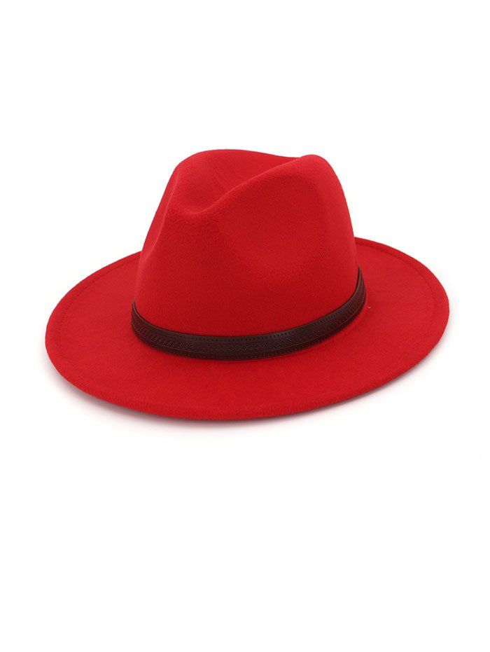 

British Style Geometric Belt Flat Brim Fedoras Hat, Red