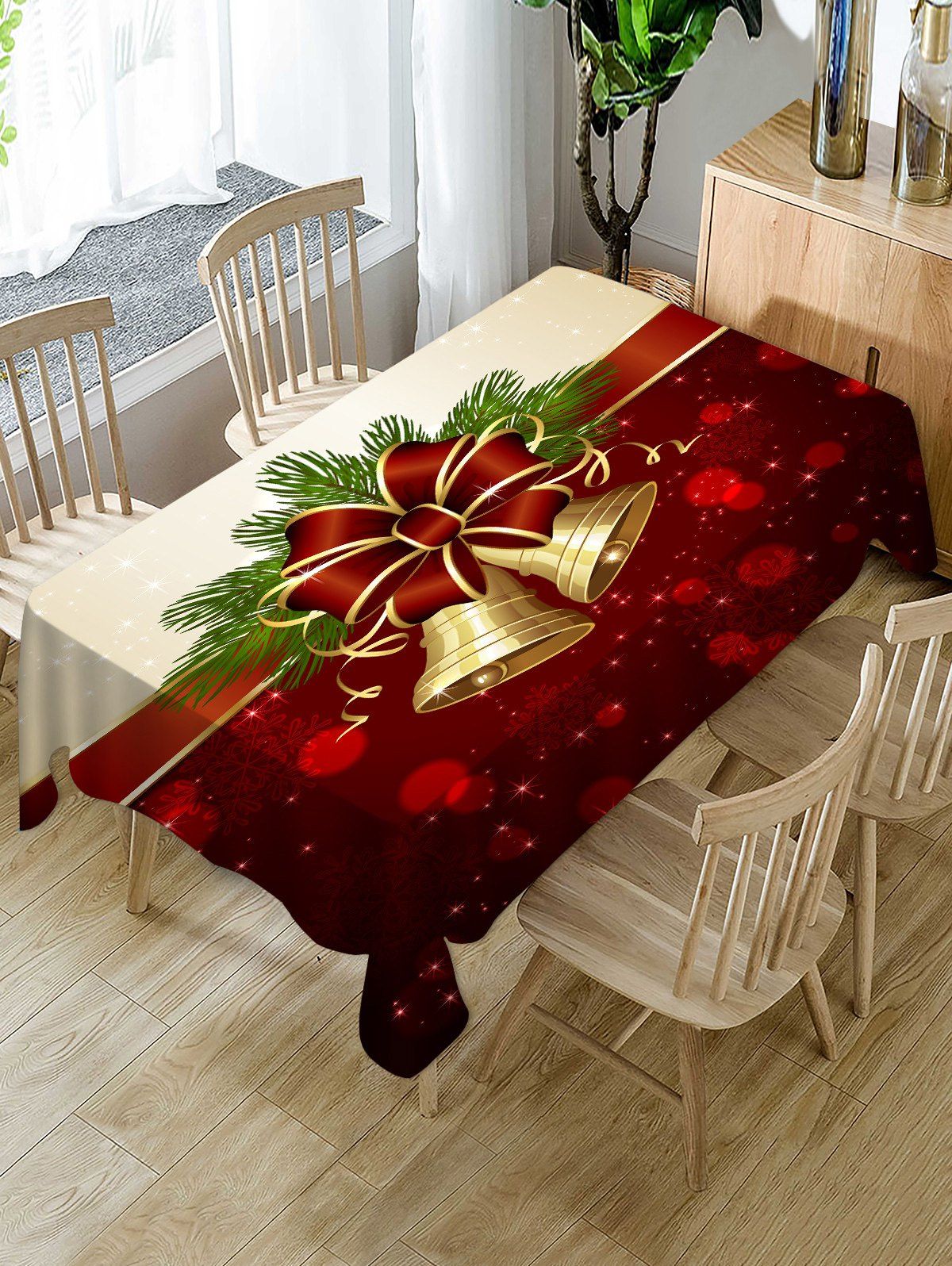 

Christmas Bowknot Bells Snowflake Print Waterproof Fabric Tablecloth, Multi