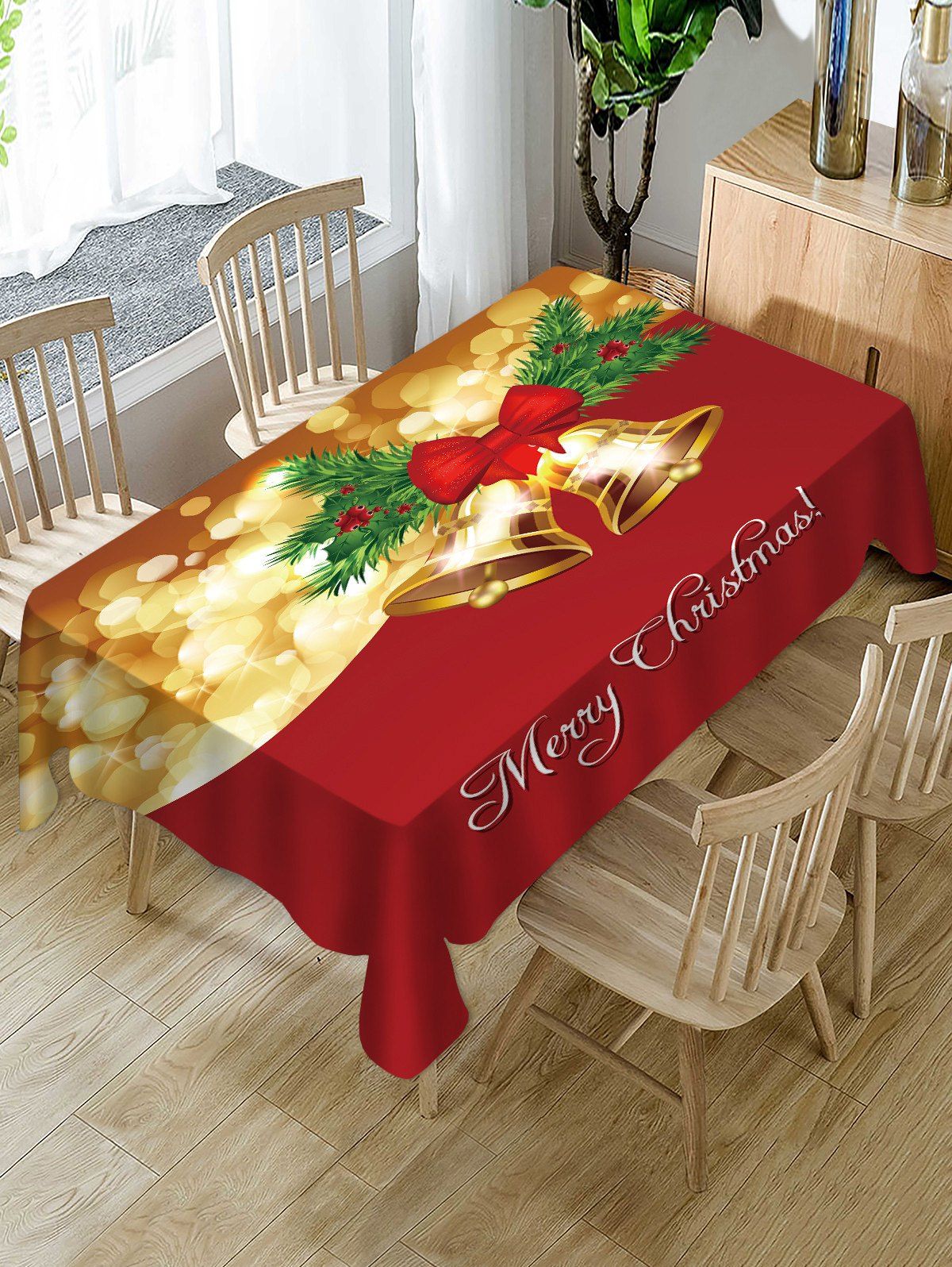 

Christmas Bowknot Bells Greeting Print Waterproof Fabric Tablecloth, Multi