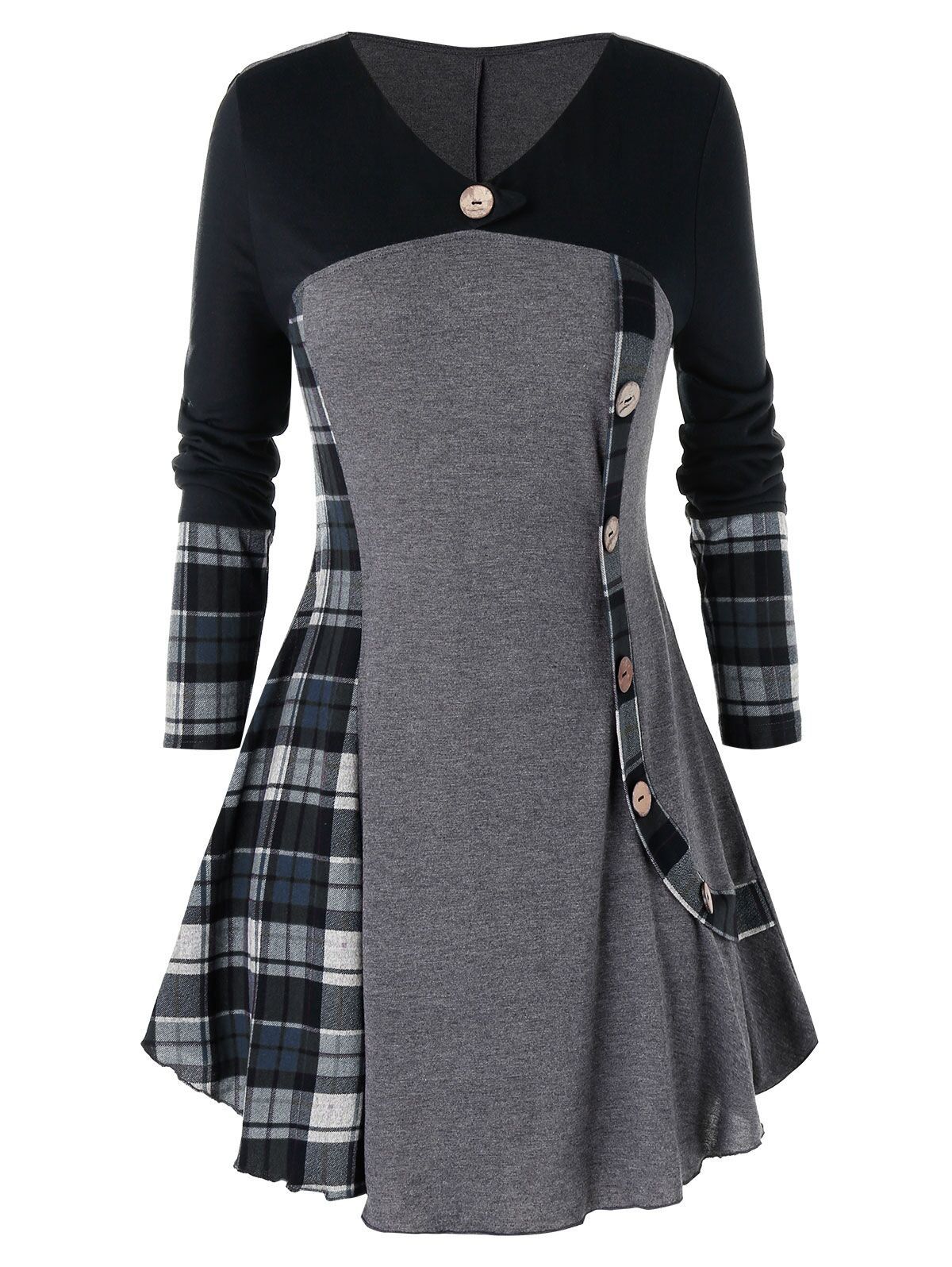 

Plus Size Plaid Long Tunic Tee, Cloudy gray