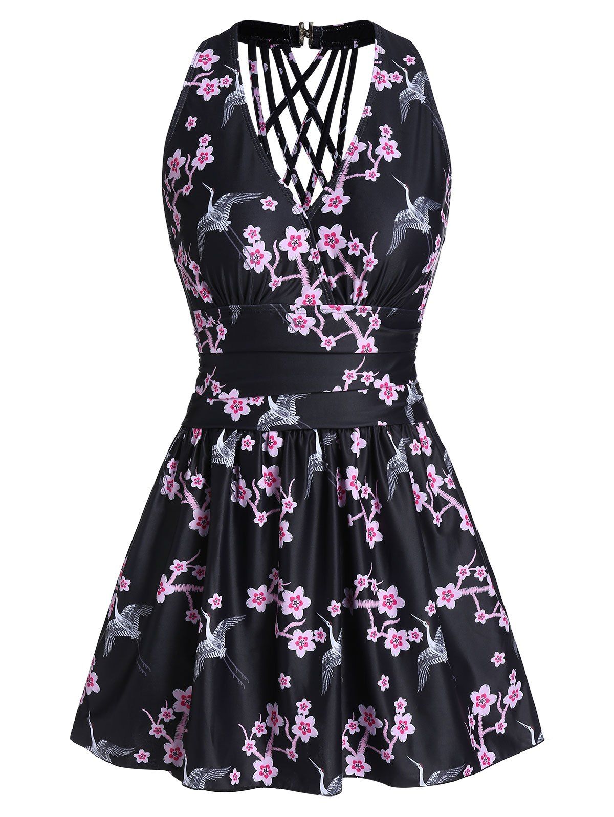 

Floral Print Halter Skirted One-piece Swimsuit, Multi-a
