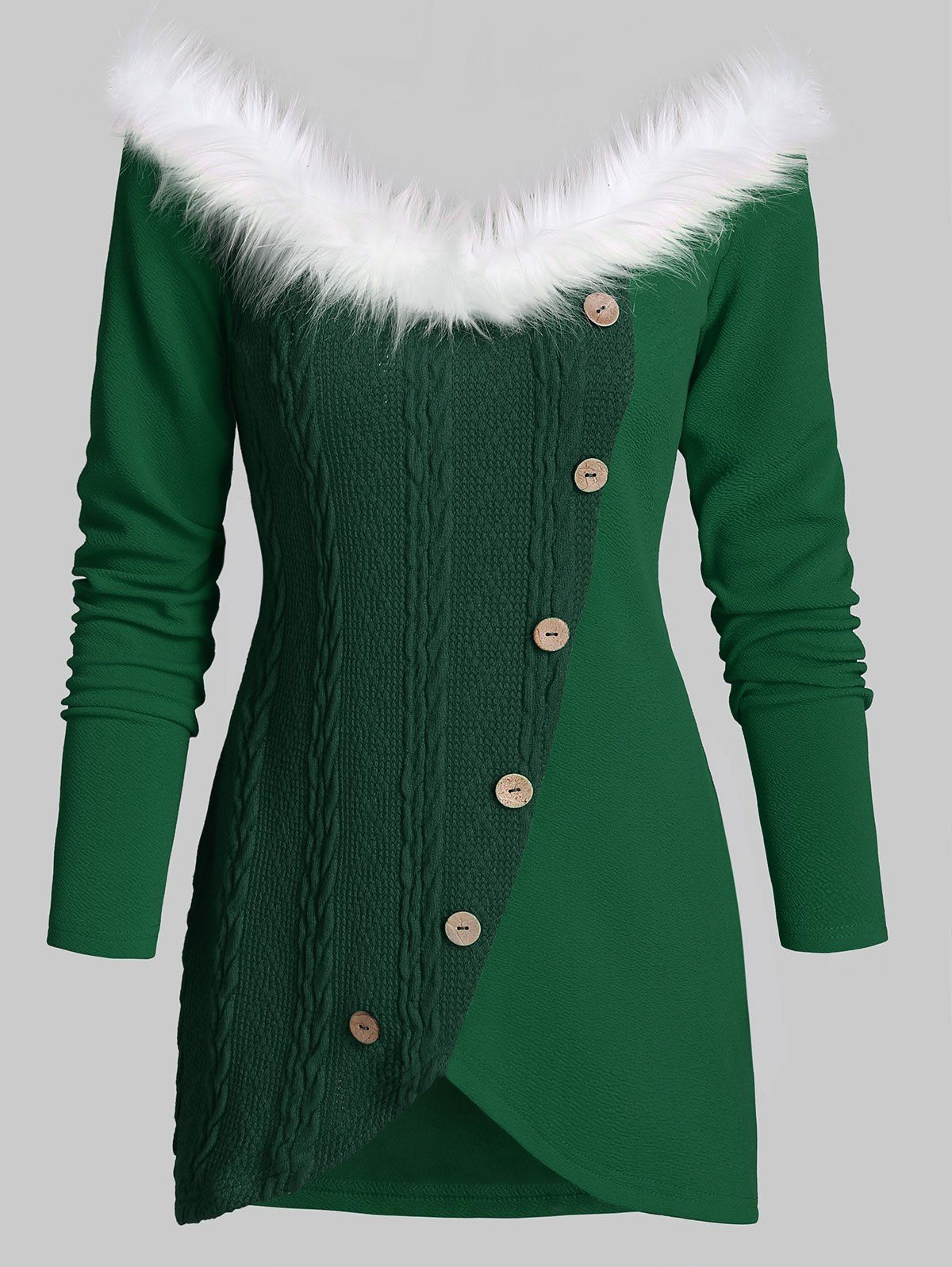 

Furry Collar Off The Shoulder Knitted Sweater, Deep green