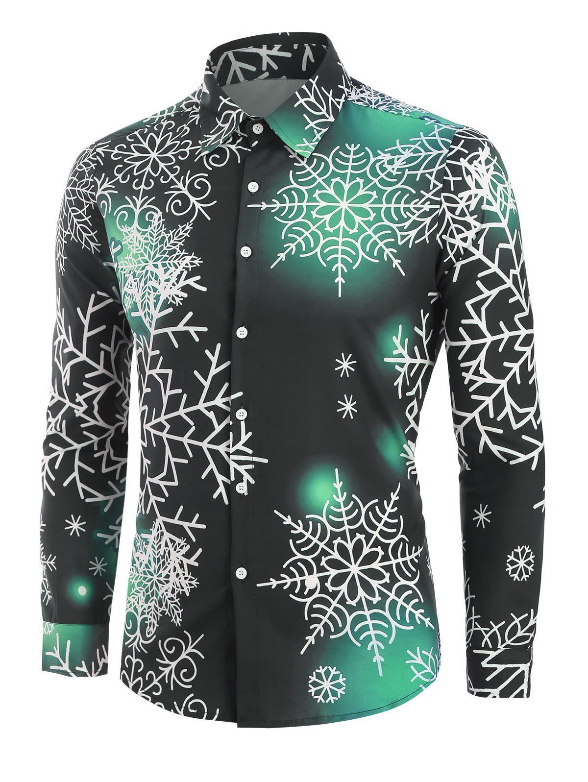 

Christmas Snowflake Light Print Long Sleeve Button Up Shirt, Pine green