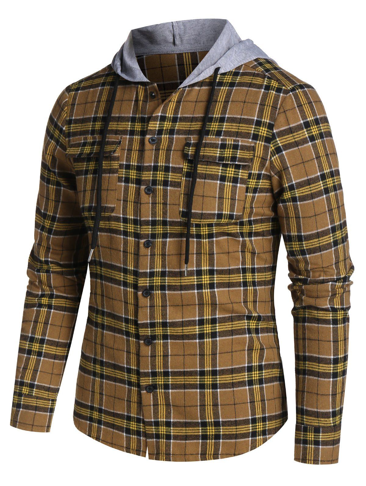 

Hooded Drawstring Pockets Plaid Shirt, Orange gold