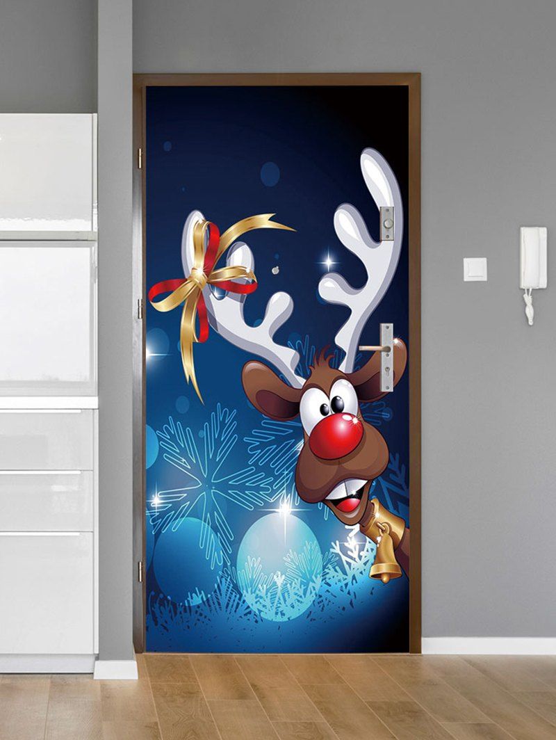 

Christmas Elk Bell Bowknot Print Decorative Door Art Stickers, Multi