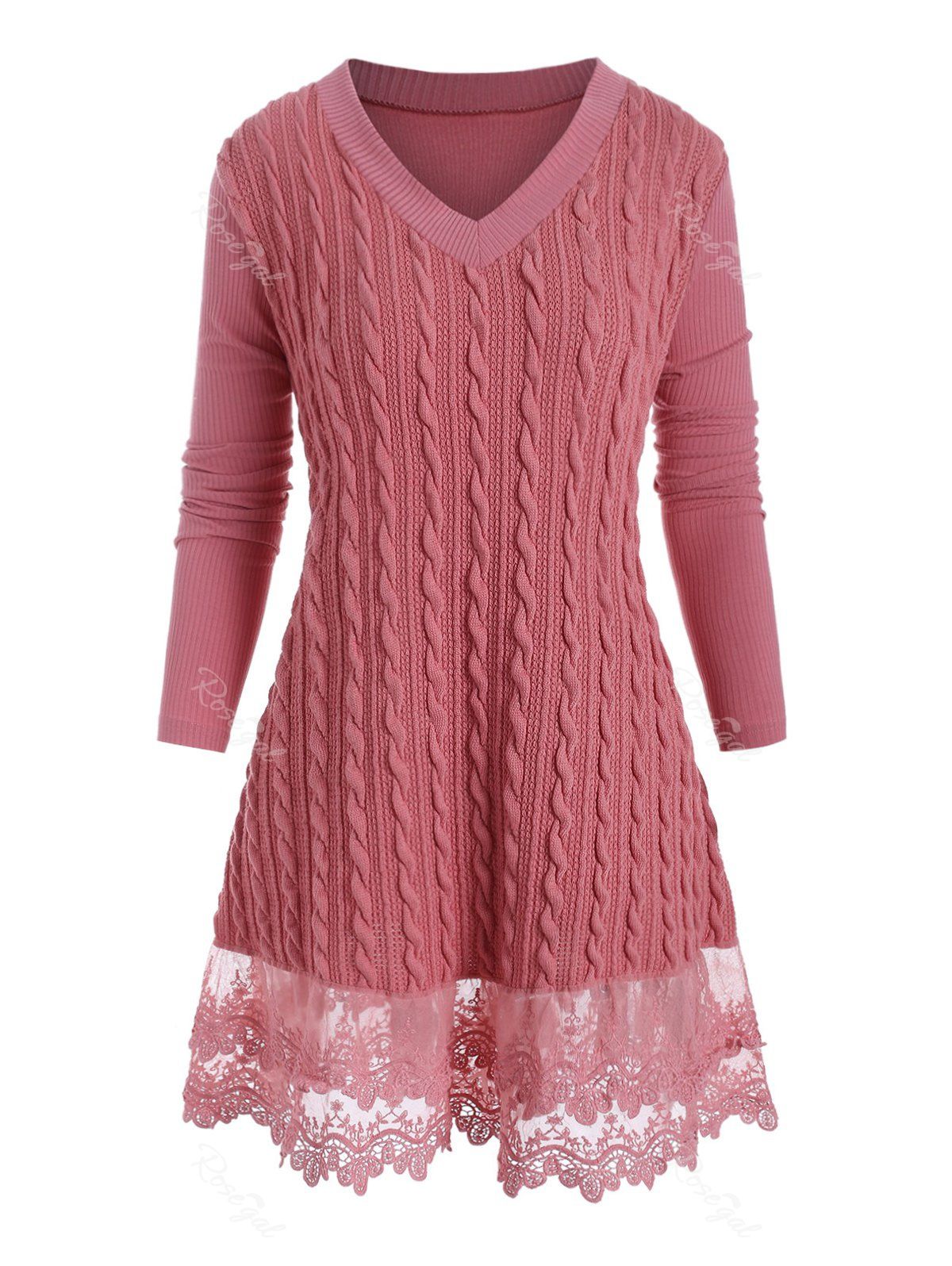 

Plus Size Lace Hem Cable Knit Sweater, Rose